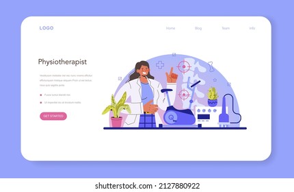 Banner web de fisioterapia o página de inicio. Médico ayudando a los pacientes durante la terapia física y la rehabilitación. Tratamiento fisioterapéutico para personas con discapacidades físicas. Ilustración vectorial plana