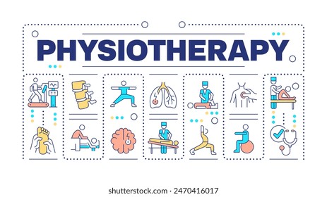 Physiotherapy word concept isolated on white. Physical rehabilitation. Medical care. Occupational therapy. Creative illustration banner surrounded by editable line colorful icons