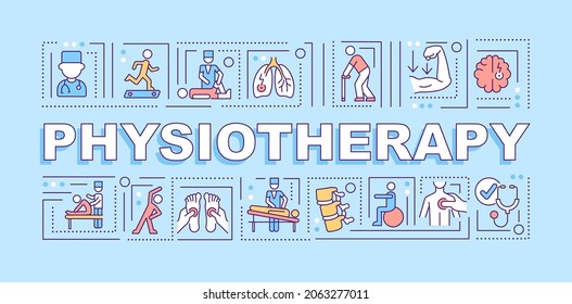 Physiotherapy word concepts banner. Physical health care. Infographics with linear icons on blue background. Isolated creative typography. Vector outline color illustration with text