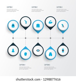 Physique icons colored set with butt, eye, head and other smell elements. Isolated vector illustration physique icons.