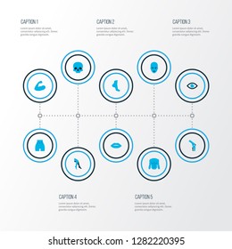 Physique icons colored set with foot, chest, face and other foot elements. Isolated vector illustration physique icons.
