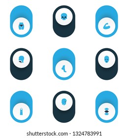 Physique icons colored set with skull, arm, finger and other buttocks elements. Isolated vector illustration physique icons.