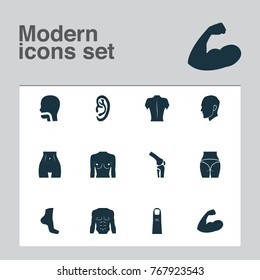 Physique icons set with buttocks, muscle, body and other athletic elements. Isolated vector illustration physique icons.