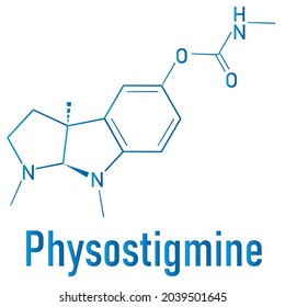 Physostigmine alkaloid molecule. Present in calabar bean and manchineel tree, acts as acetylcholinesterase inhibitor. Skeletal formula.