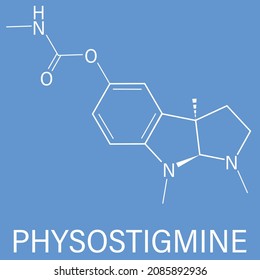 Physostigmine alkaloid molecule. Present in calabar bean and manchineel tree, acts as acetylcholinesterase inhibitor. Skeletal formula.