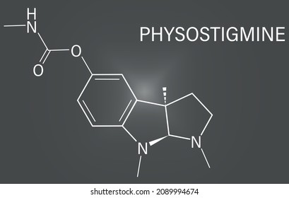Physostigmine alkaloid molecule. Present in calabar bean and manchineel tree, acts as acetylcholinesterase inhibitor. Skeletal formula.