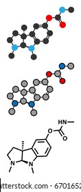 Physostigmine alkaloid molecule. Present in calabar bean and manchineel tree, acts as acetylcholinesterase inhibitor. Conventional skeletal formula and stylized representations.
