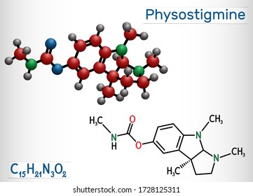 Physostigmine, eserine, C15H21N3O2 molecule. It is cholinesterase inhibitor, toxic parasympathomimetic indole alkaloid. Structural chemical formula and molecule model. Vector illustration