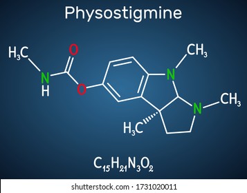 Physostigmine, eserine, C15H21N3O2 molecule. It is cholinesterase inhibitor, toxic parasympathomimetic indole alkaloid. Structural chemical formula on the dark blue background. Vector illustration