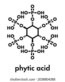 Phytic acid (hexakisphosphate, IP6, phytate) molecule. Present in seeds and grains of many plants, acting as storage form of phosphorus. Skeletal formula.