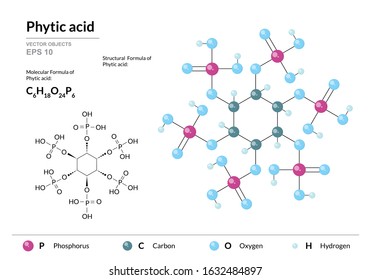 Phytic acid. inositol Hexakisphosphate or Inositol Polyphosphate. Structural chemical formula and molecule 3d model. Atoms with color coding. Vector illustration