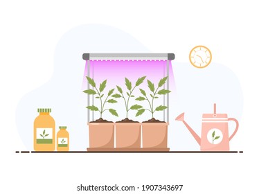 Lámpara de Phyto. Cultivando plántulas de primavera bajo luz violeta. Productos vegetarianos y ecológicos. Ilustración vectorial al estilo de las caricaturas planas. Concepto de cuidado vegetal.