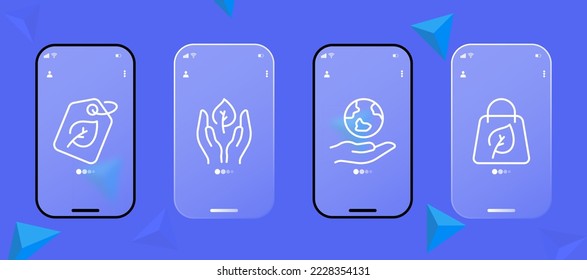 Phytology set icon. Tree leaf, plant, recycling, botany, flower, plant, fertilizer, laboratory, environmental friendly. Ecology. Horticulture concept. Glassmorphism style. UI phone app creen