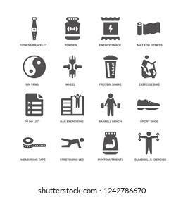 Phytonutrients, Wheel, Stretching Leg Exercise, Measuring tape, Powder, Mat for Fitness icon 16 set EPS 10 vector format. Icons optimized both large and small resolutions.