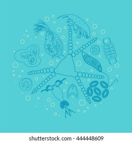 Phytoplankton and zooplankton. Vector illustration with small organism of plankton on environmental biological nature wildlife theme.