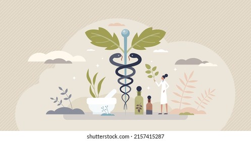 Phytotherapy or herbalism as plants usage for medication tiny person concept. Disease and illness prevention or treatment with natural herbal ingredients vector illustration. Alternative homeopathy.