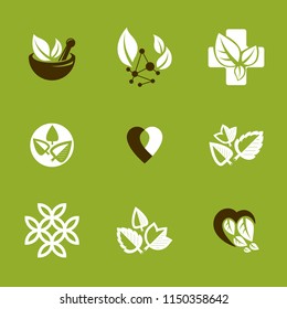 Phytotherapy metaphor, vector graphic emblems collection. Vegetarian lifestyle conceptual illustrations.