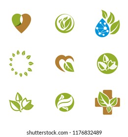 Phytotherapy metaphor, vector graphic emblems collection. Vegetarian lifestyle conceptual illustrations.