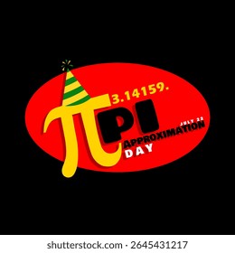 Pi Dia da Aproximação para comemorar em 22 de julho. Símbolo matemático Golden Pi usando um chapéu de aniversário com texto em negrito no quadro sobre fundo preto.