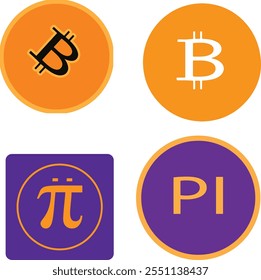 Pi and Bitcoin icon set of vector