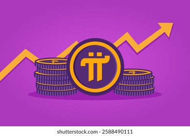 Pi coin rise in value. Stack of coins and upward trending arrow. Growth and market success.