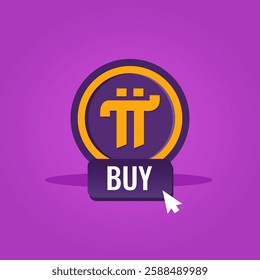 Pi crypto coin with a buy button. Digital currency invest. Vector illustration.