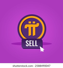 Pi crypto coin with sell button. Digital currency invest. Vector illustration.