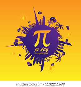 pi day, beautiful greeting card and hand drawn text background or banner with city and travel theme. vector