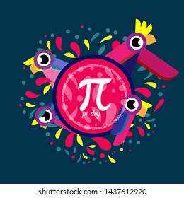 pi day, beautiful greeting card background or banner with colorful bird theme. design illustration
