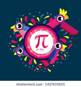 pi day, beautiful greeting card background or banner with colorful bird theme. design illustration