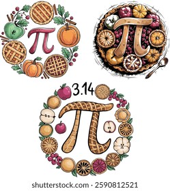 Pi Day Celebration, Pie symbol, Fruits pi, pi day set vector