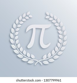 Pi Day celebration. White laurel wreath with Pi sign. Mathematical constant, irrational complex number, greek letter. Abstract digital illustration for March 14th. Design element for posters.