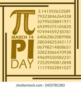 Pi Day event banner. Mathematical symbol Pi with bold text and number formula in frame on light brown background to celebrate on March 14