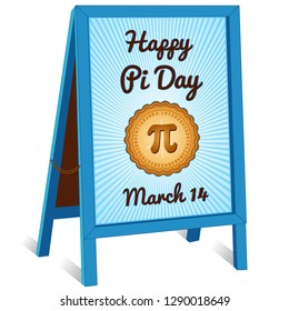 Pi Day, March 14, to celebrate the mathematical constant pi and to eat lots of fresh baked sweet pie, international holiday, blue rays, sandwich board sidewalk folding easel sign with brass chain. 