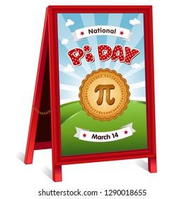 Pi Day, March 14 holiday, celebrates mathematical constant pi, eat sweet pie, red polka dot text, blue sky clouds background, sidewalk sandwich board sign, folding easel billboard, brass chain.