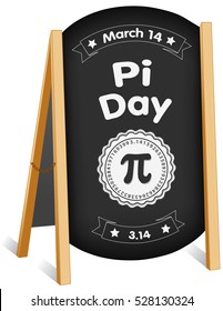 Pi Day, March 14, international holiday to celebrate the mathematical constant Pi, 3.14,  and eat lots of pie, sidewalk chalk board sign, folding easel, brass chain. 