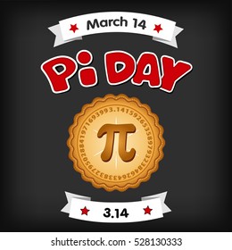 Pi Day, March 14, international holiday to celebrate the mathematical constant Pi, 3.14, and  eat lots of fresh baked sweet pie, red text, chalk board background. 