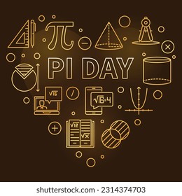 Pi Day Mathematical Constant concept vector outline heart shaped golden banner - Celebrate Mathematics illustration with dark background