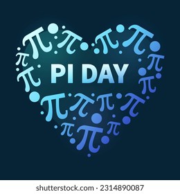 Pi Day on March 14th vector heart shaped blue banner. Math concept illustration with dark background