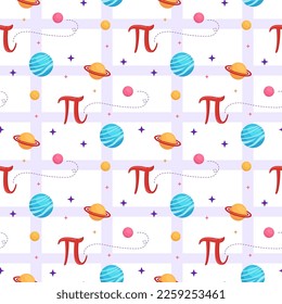 Pi Day Seamless Pattern Design with Mathematical Constants or Baked Pie in Template Hand Drawn Cartoon Flat Illustration