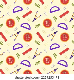 Pi Day Seamless Pattern Design with Mathematical Constants or Baked Pie in Template Hand Drawn Cartoon Flat Illustration