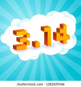 Pi Day text in style of old 8-bit video games. Vibrant 3D Pixel Letters, computer screen. Mathematical constant, irrational complex number, greek letter. Abstract digital illustration for March 14th.