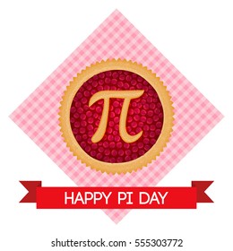 Pi Day vector background. Baked cherry pie with Pi Symbol and ribbon. Mathematical constant, irrational number, greek letter. Abstract digital illustration for March 14th. Poster creative template.