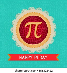 Pi Day vector background. Baked cherry pie with Pi Symbol and ribbon. Mathematical constant, irrational number, greek letter. Abstract digital illustration for March 14th. Poster creative template