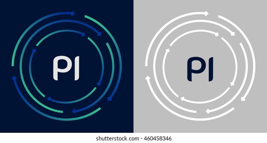 PI design template elements in abstract background logo, design identity in circle, letters business logo icon, blue/green alphabet letters, simplicity graphics
