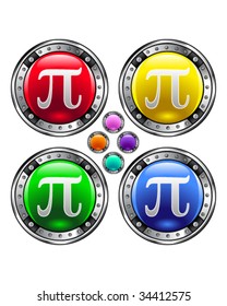 Pi greek letter on round colorful vector buttons suitable for use on websites, in print materials or in advertisements.  Set includes red, yellow, green, and blue versions.