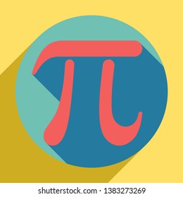 Pi greek letter sign. Sunset orange icon with llapis lazuli shadow inside medium aquamarine circle with different goldenrod shadow at royal yellow background.