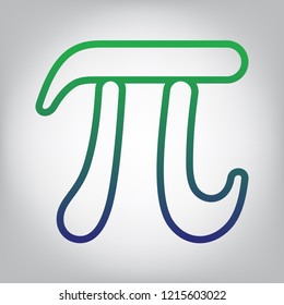Pi greek letter sign. Vector. Green to blue gradient contour icon at grayish background with light in center.