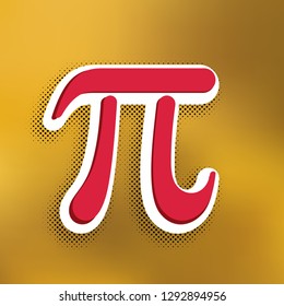 Pi greek letter sign. Vector. Magenta icon with darker shadow, white sticker and black popart shadow on golden background.