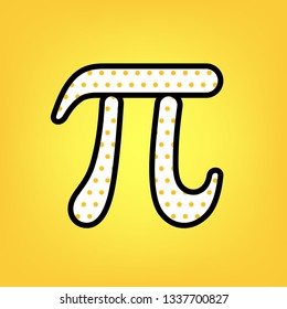 Pi greek letter sign. Vector. Yellow polka dot white icon with black contour at warm yellow background.